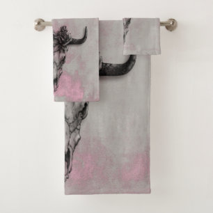 Bull Skull and Rose Rustic Pink Grey Bath Towel Set