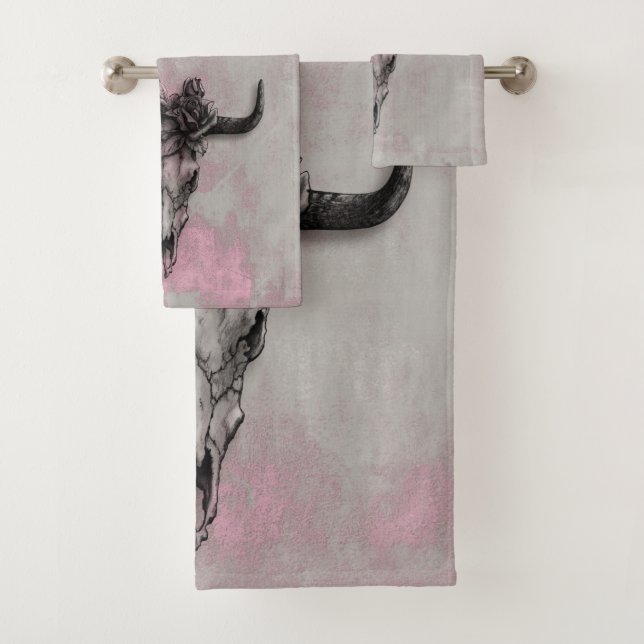 Bull Skull and Rose Rustic Pink Grey Bath Towel Set (Insitu)