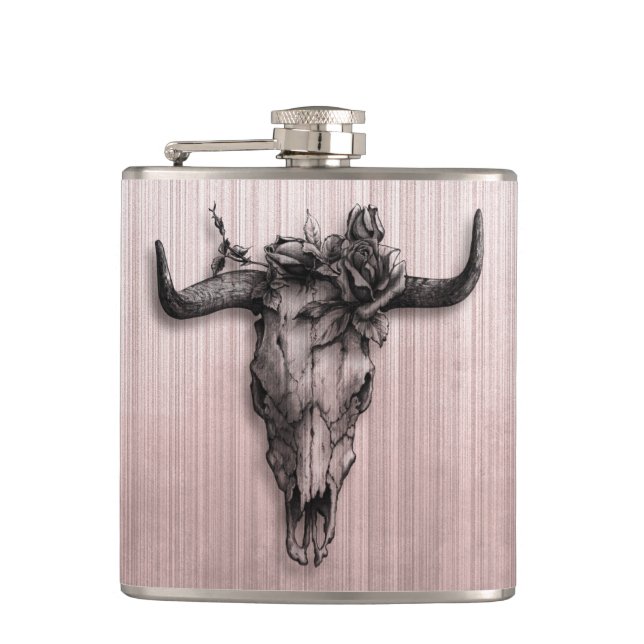Bull Skull and Rose stripes Rose Gold Grey Hip Flask (Front)