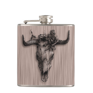 Bull Skull and Rose with Fibre pattern Hip Flask