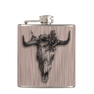 Bull Skull and Rose with Fibre pattern Hip Flask