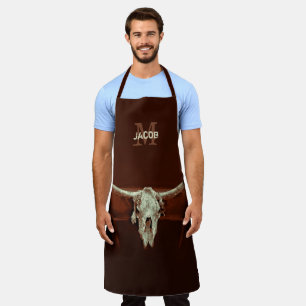 Bull Skull Brown Country Monogram Rustic Western Apron