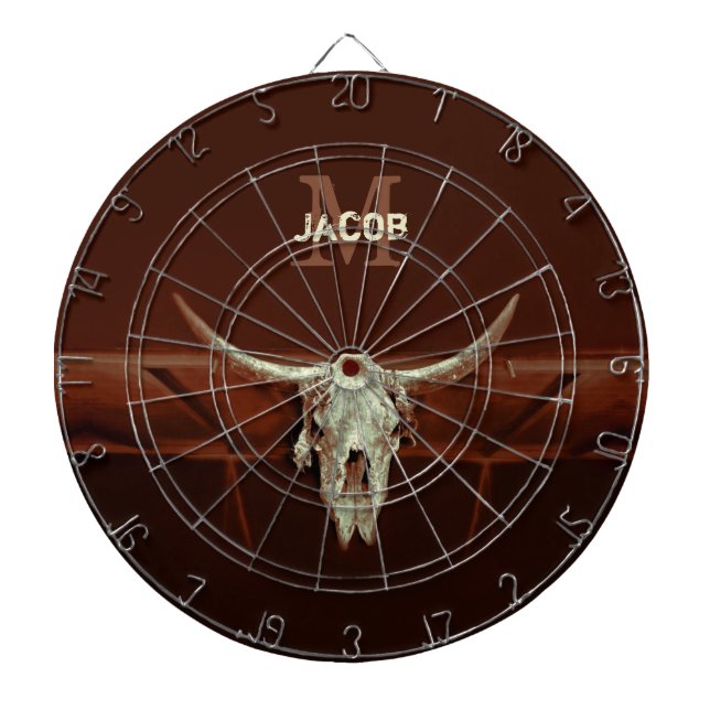 Bull Skull Brown Country Rustic Western Monogram Dartboard (Front)