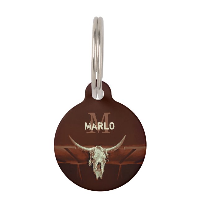 Bull Skull Brown Country Rustic Western Monogram Pet Tag (Front)