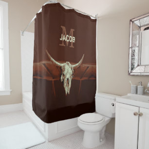 Bull Skull Brown Monogram Country Rustic Western Shower Curtain