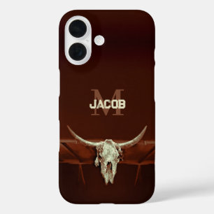 Bull Skull Brown Monogram Rustic Western Country iPhone 16 Case