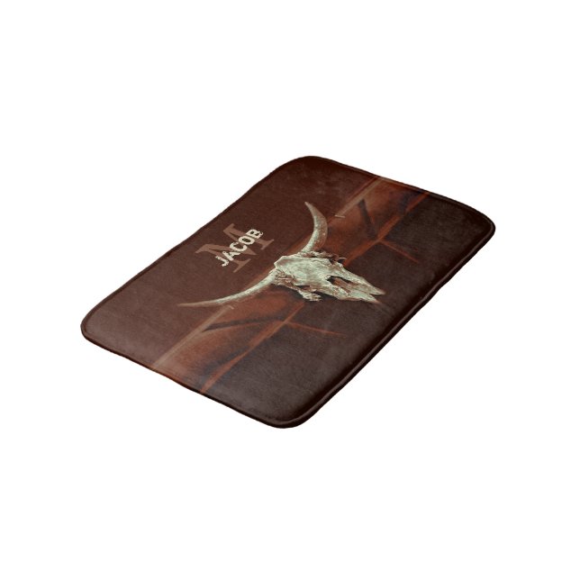 Bull Skull Brown Monogram Western Country Rustic Bath Mat (Angled)
