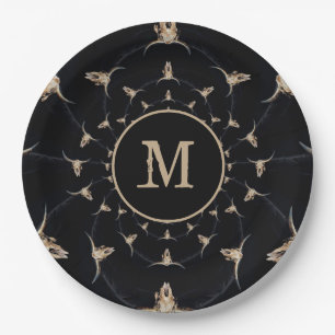 Bull Skull Cowboy Monogram Brown Vintage Country Paper Plate