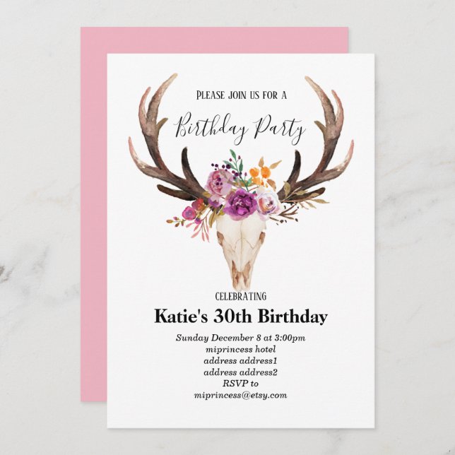 bull skull Flower, bohemian birthday Invitation (Front/Back)