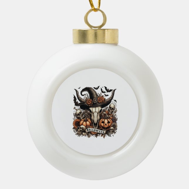 Bull Skull Halloween Cow Ceramic Ball Christmas Ornament (Front)