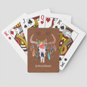 Bull Skull Horns And Flowers on Wood Playing Cards