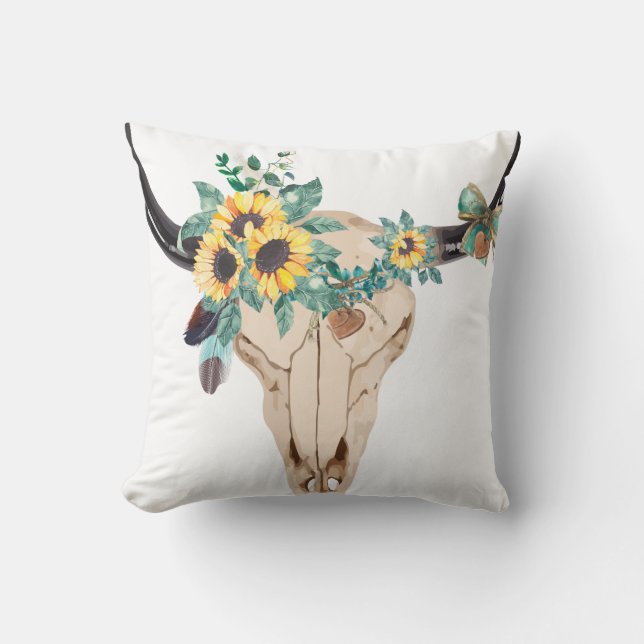 Bull Skull Sunflowers Cushion (Front)