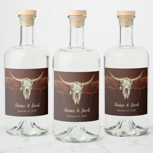 Bull Skull Wedding Rustic Brown Country Western Liquor Bottle Label (Bottles)