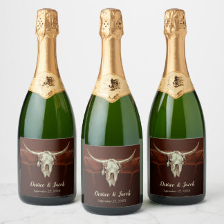 Bull Skull Wedding Rustic Brown Country Western Sparkling Wine Label