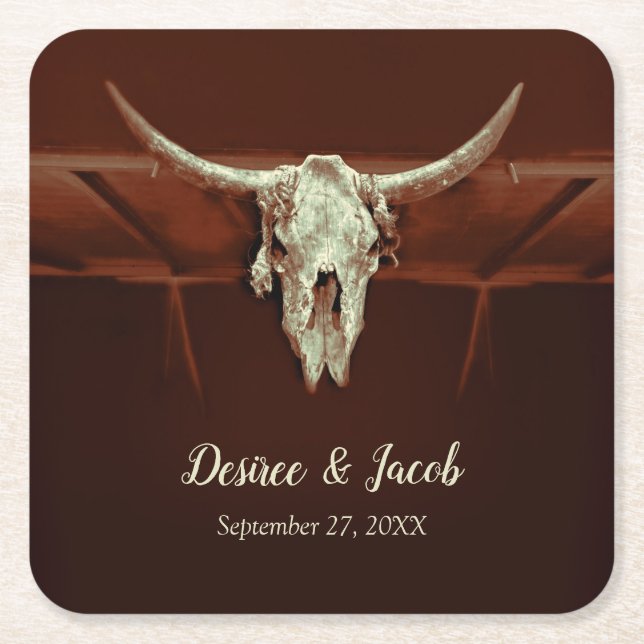 Bull Skull Wedding Rustic Brown Country Western Square Paper Coaster (Front)
