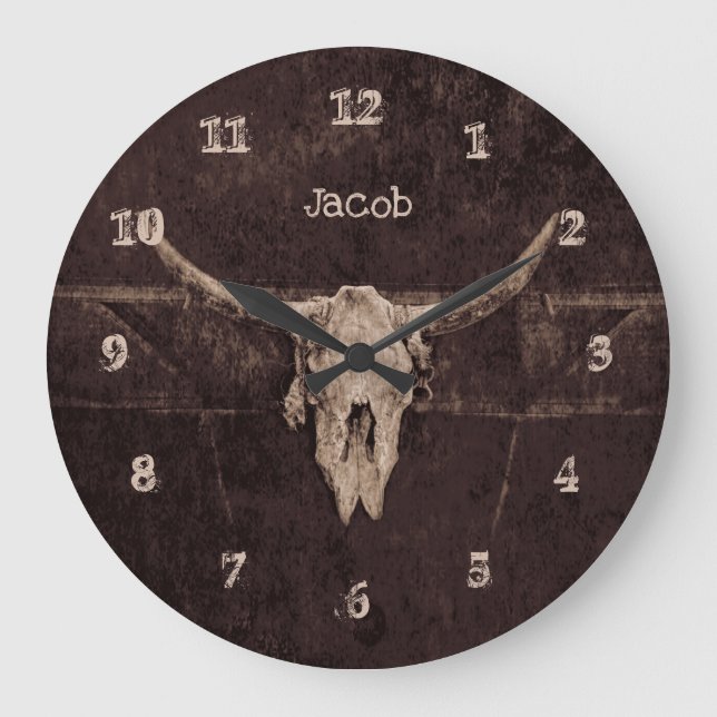 Bull Skull Western Country Brown Beige Old Rustic Large Clock (Front)