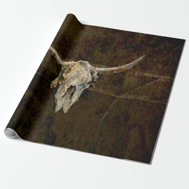Bull Skull Western Country Brown Old Rustic Grunge Wrapping Paper (Unrolled)