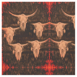 Bull Skull Western Country Brown Red Rustic Fabric