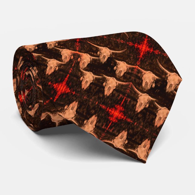 Bull Skull Western Country Brown Red Rustic Tie (Rolled)
