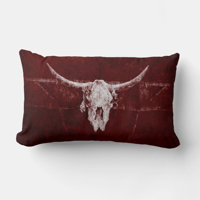 Bull Skull Western Country Burgundy Red Old Rustic Lumbar Cushion (Front)