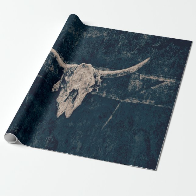 Bull Skull Western Country Grey Rustic Old Grunge Wrapping Paper (Unrolled)
