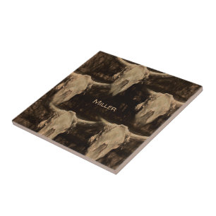 Bull Skull Western Rustic Country Brown Sepia Art Ceramic Tile