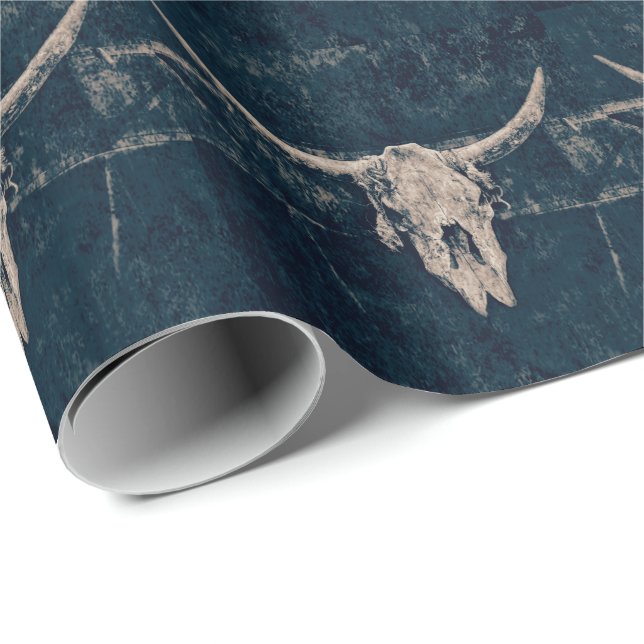 Bull Skull Western Rustic Old Country Grey Pattern Wrapping Paper (Roll Corner)