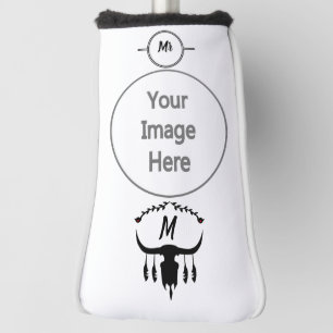 Bull Skull with Black Feathers Silhouette Golf Head Cover