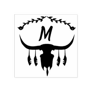 Bull Skull with Black Feathers Silhouette Rubber Stamp