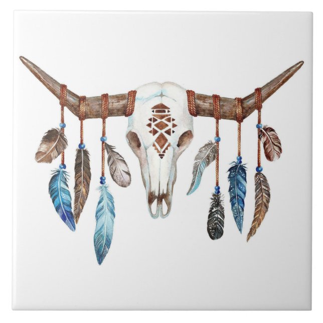 Bull Skull with feathers background Ceramic Tile (Front)