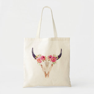 Bull Skull with Pink Flowers Tote Bag