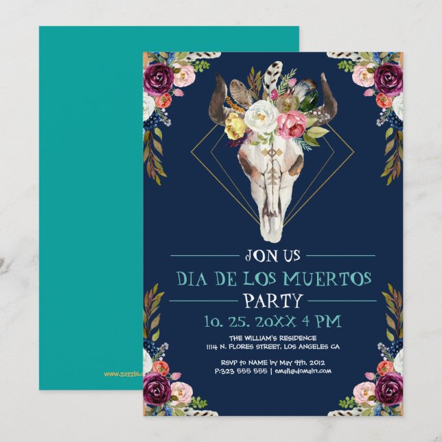 Bull sugar skull tribal flower Dia De Los Muertos Invitation (Front/Back)
