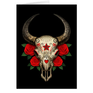 Bull Sugar Skull with Red Roses on Black