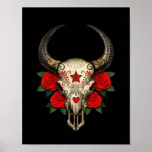Bull Sugar Skull with Red Roses on Black Poster
