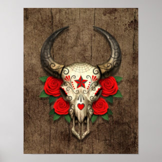 Bull Sugar Skull with Red Roses on Wood Graphic Poster
