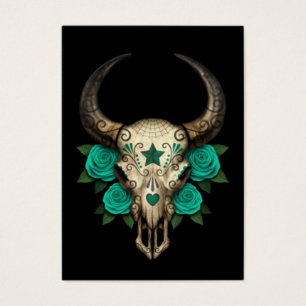 Bull Sugar Skull with Teal Roses on Black