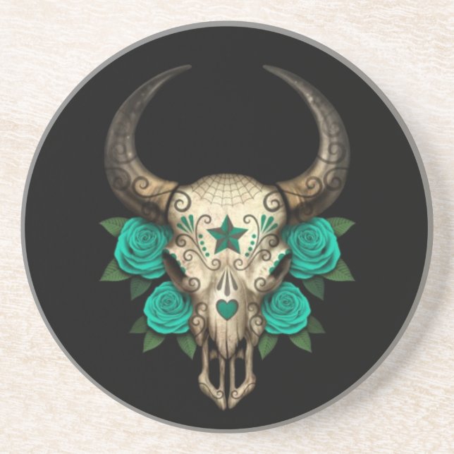 Bull Sugar Skull with Teal Roses on Black Coaster (Front)