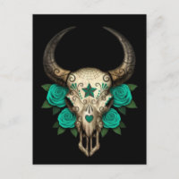 Bull Sugar Skull with Teal Roses on Black