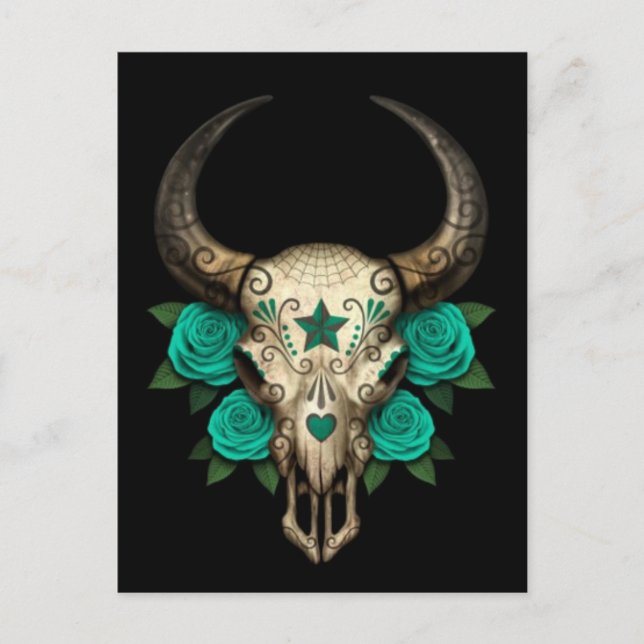 Bull Sugar Skull with Teal Roses on Black Postcard (Front)