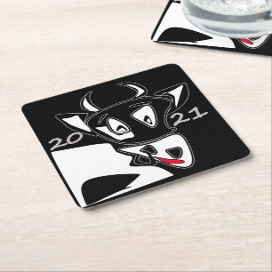 Bull symbol New Year 2021 Chinese calendar black w Square Paper Coaster