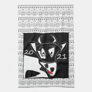 Bull symbol New Year 2021 Chinese calendar black w Tea Towel