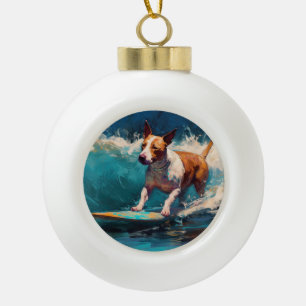 Bull Terrier Beach Surfing Painting Ceramic Ball Christmas Ornament