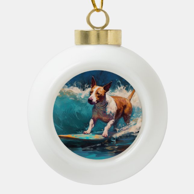 Bull Terrier Beach Surfing Painting Ceramic Ball Christmas Ornament (Front)