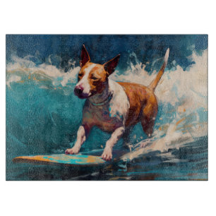 Bull Terrier Beach Surfing Painting Cutting Board
