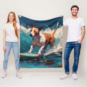 Bull Terrier Beach Surfing Painting Fleece Blanket