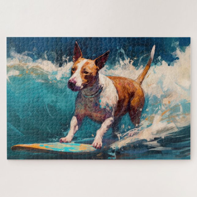Bull Terrier Beach Surfing Painting Jigsaw Puzzle (Horizontal)