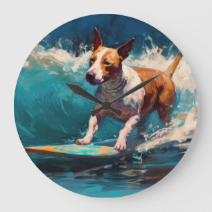 Bull Terrier Beach Surfing Painting Large Clock
