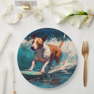 Bull Terrier Beach Surfing Painting Paper Plate
