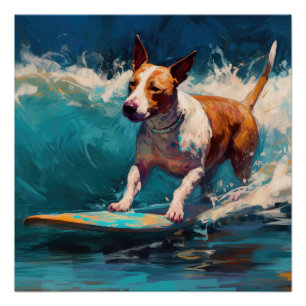 Bull Terrier Beach Surfing Painting Poster