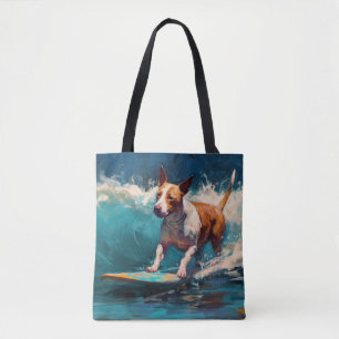 Bull Terrier Beach Surfing Painting Tote Bag